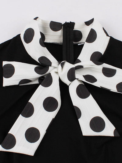 Black And White Polka Dots Bow Collar 1950s Vintage Swing Dress