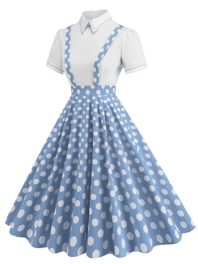 Yellow Polka Dots High Waist Audrey Hepburn Style Cocktail Suspender Swing Dress