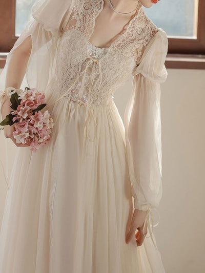 Apricot Lace Lantern Sleeves Romantic Wedding Dress with Tail Inspired By Sleeping Beauty