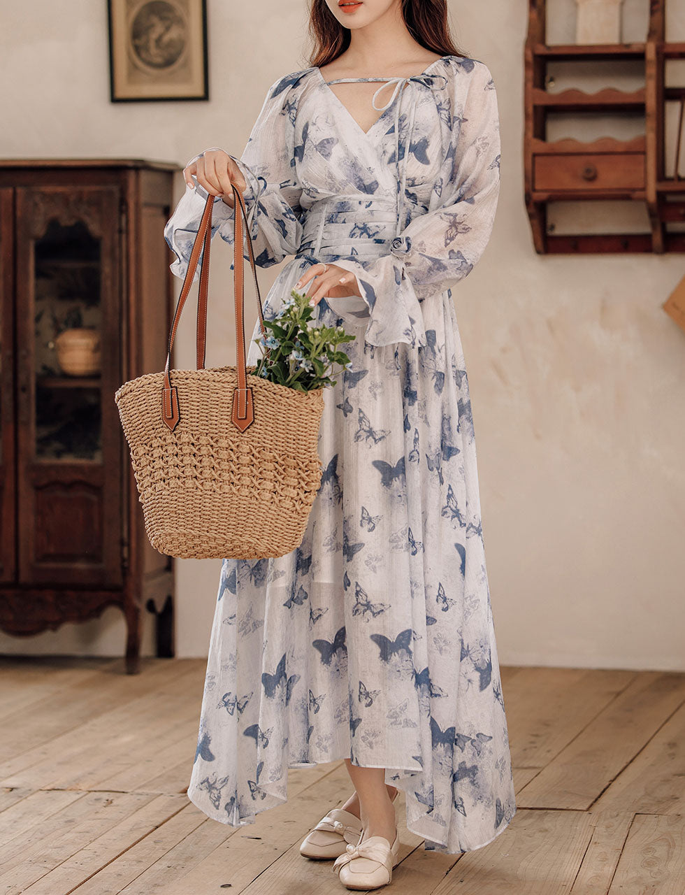 Blue Butterfly Print Long Sleeve Vintage Maxi Dress