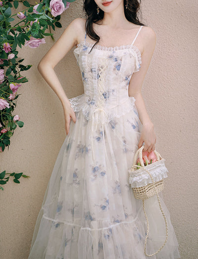 2PS White Floral Print Ruffles Spaghetti Strap Princess Dress With White Shawl Dress Suit