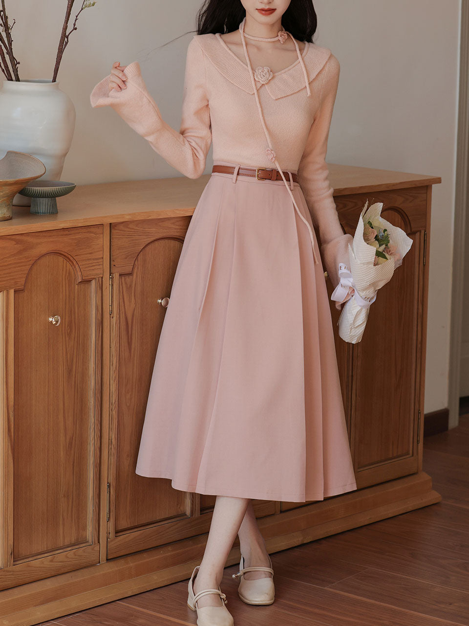 2PS Pink Rose V Neck Sweater And Swing Skirt Vintage outfit