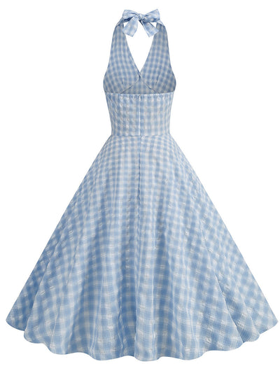 Plaid Blue Bow Halter Backless 1950S Vintage Swing Dress