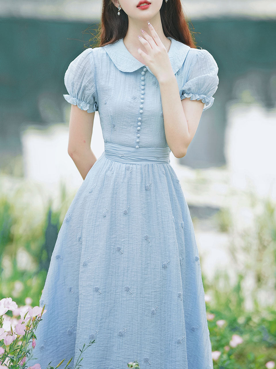 Baby Blue Dandelion Embroidery Peter Pan Collar Vintage Dress