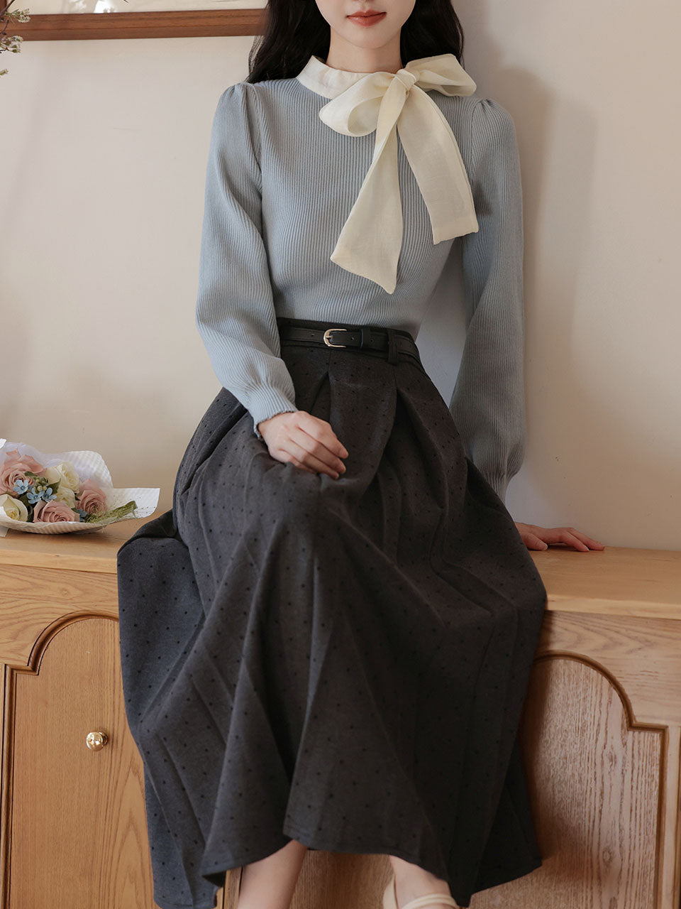 2PS Blue Bow Sweater And White Swing Skirt Vintage outfit