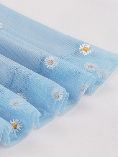 Blue Daisy Puff Sleeve Smocking 1950S Vintage Dress