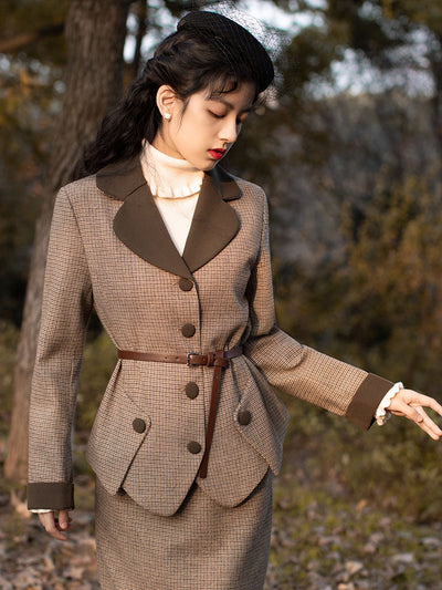 Plaid Long Sleeve Vintage Blazer Dress Set