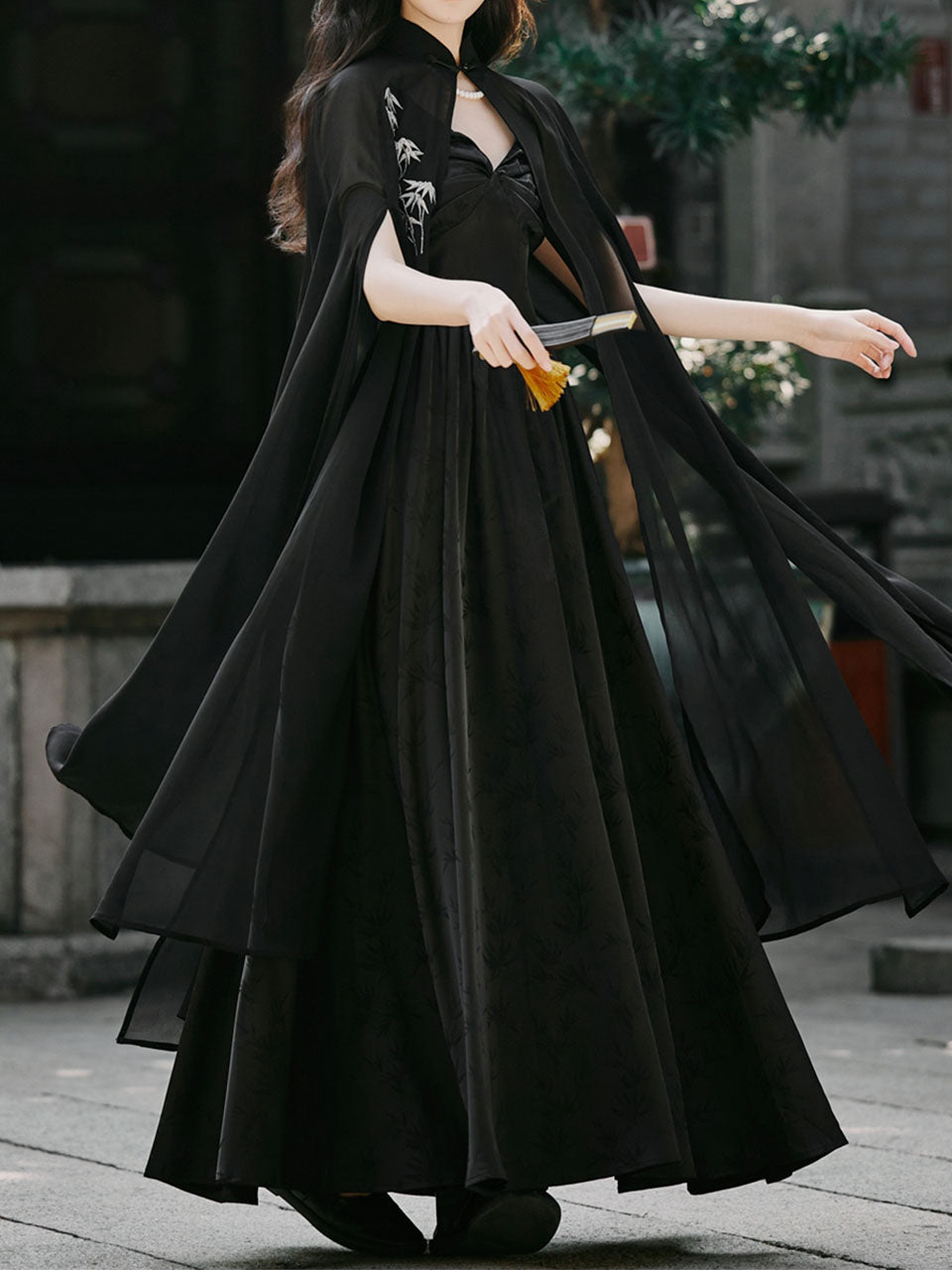 Black Suspender Deep V-neck Satin Backless Maxi Dress Prom Dress With Cape