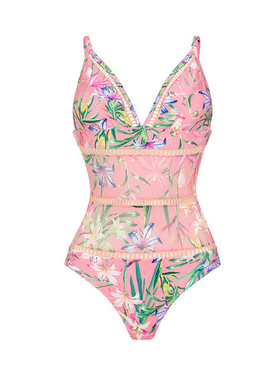 Pink Lace Flowers One-piece Swimsuit With Bathing Suit Warp Skirt