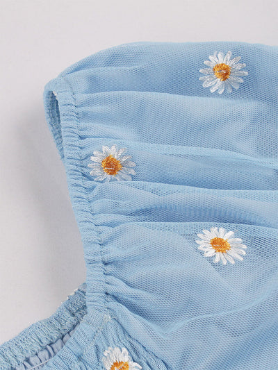 Blue Daisy Puff Sleeve Smocking 1950S Vintage Dress