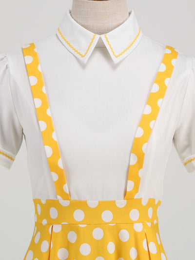 Yellow Polka Dots High Waist Audrey Hepburn Style Cocktail Suspender Swing Dress