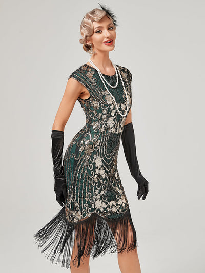 Crew Neck Sequined Beaded Cap Sleeve Tassels 1920S Gatsby Dress