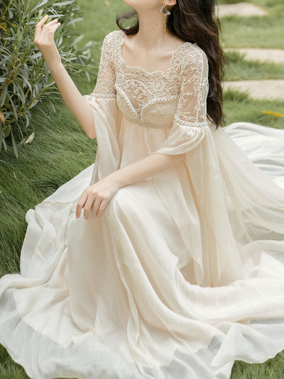 White Lace Lantern Sleeves Romantic Wedding Dress with Tail Inspired By Sleeping Beauty