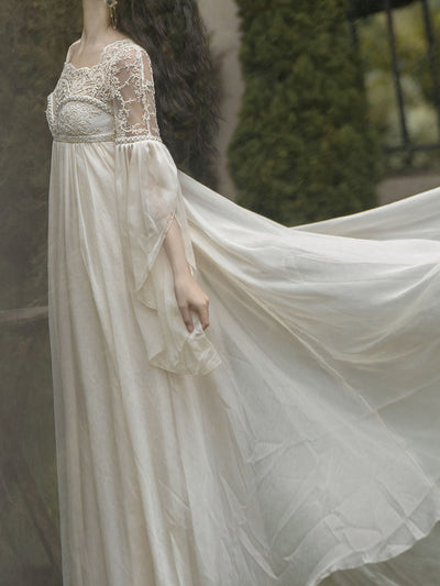 White Lace Lantern Sleeves Romantic Wedding Dress with Tail Inspired By Sleeping Beauty