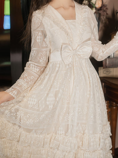 Apricot Square Collar Lace Swing Dress With Long Sleeve