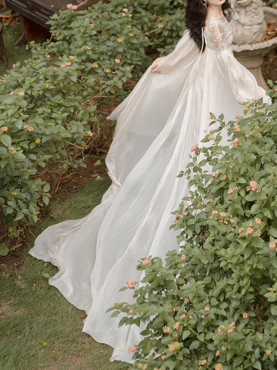 White Lace Lantern Sleeves Romantic Wedding Dress with Tail Inspired By Sleeping Beauty