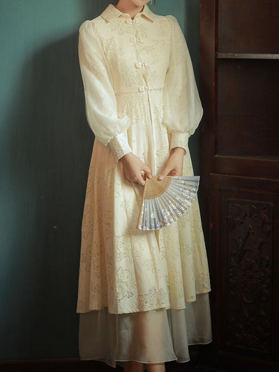 2PS Apricot Eton Collar Lace Swing Dress With Swing Skirt