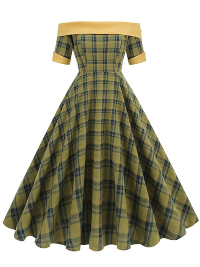 Off the Shoulder 1950s Plaid Vintage Swing Dress