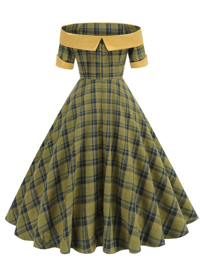 Off the Shoulder 1950s Plaid Vintage Swing Dress